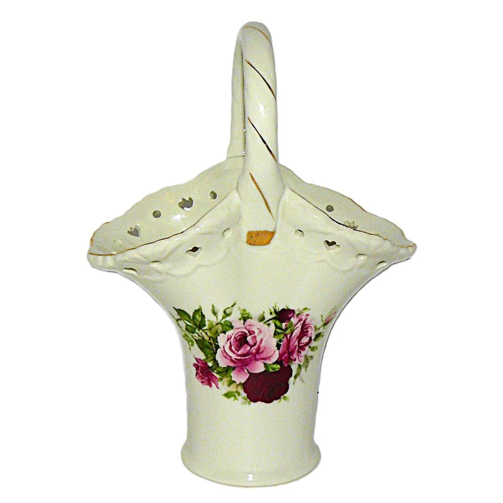 Vintage La Dolce Vita Scroll Porcelain Basket w Handle & Red Rose Floral Design